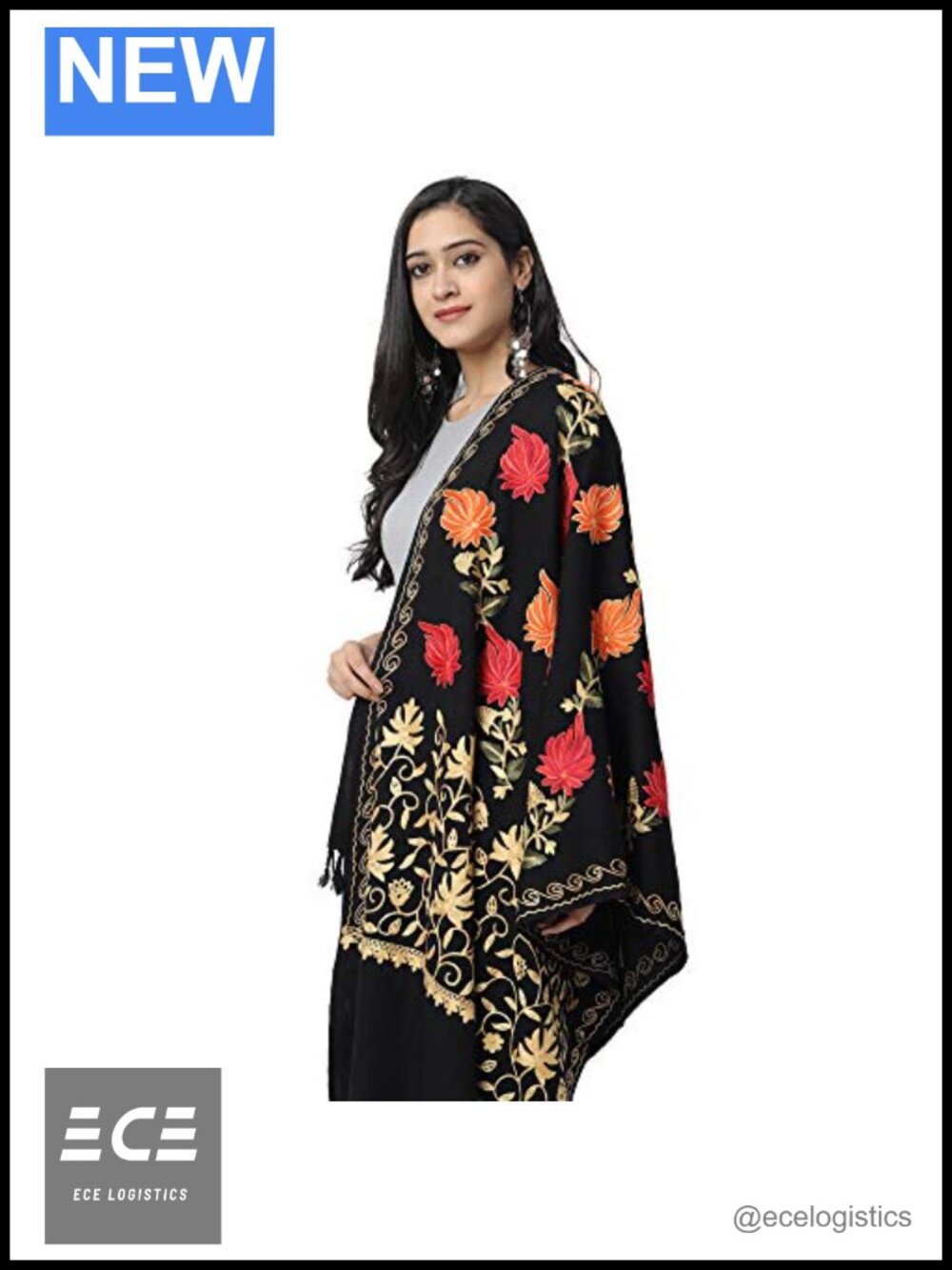 Kashmiri Embroidered Wool Shawl Stole Wedding Bridesmaid Wrap